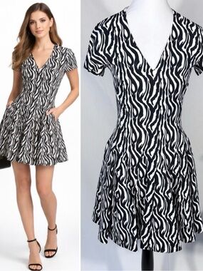 REISS Zebra Print Pleated Fit & Flare Dress with Pockets – Size 2💛